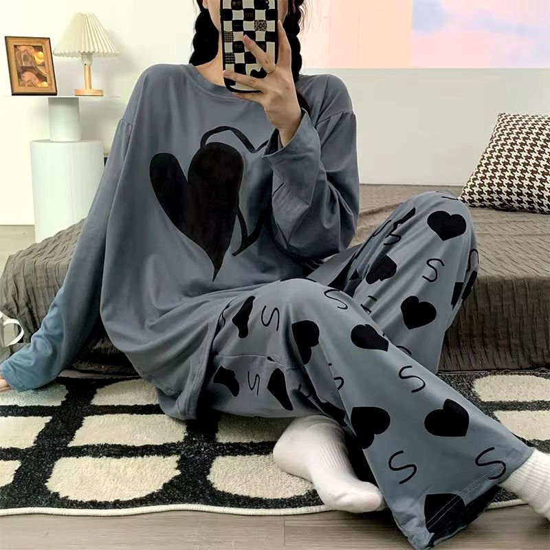11.11 Sale Double Heart Printed PJ Suit - Grey Full Sleeves