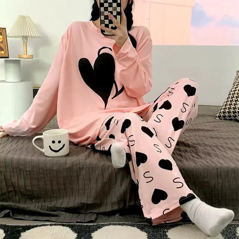 11.11 Sale Double Heart Printed PJ Suit Full Sleeves- pink