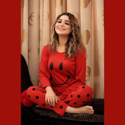 11.11 Sale Red Smiley Full Sleeves Printed Pajama Night Suit